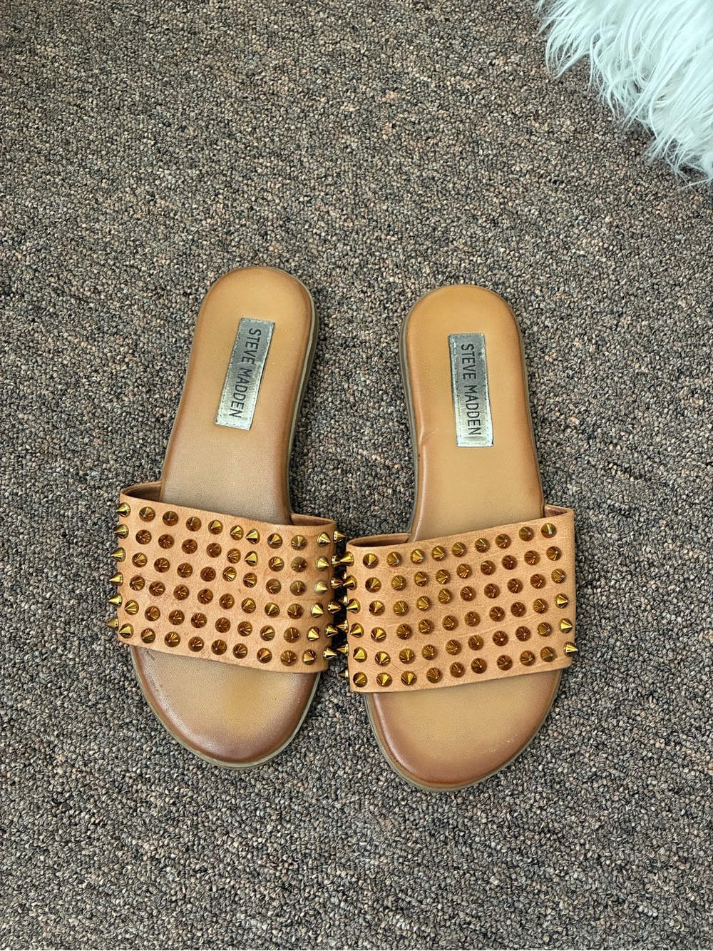 Steve Madden Farryn Tan Slide Sandals with Gold Studs
